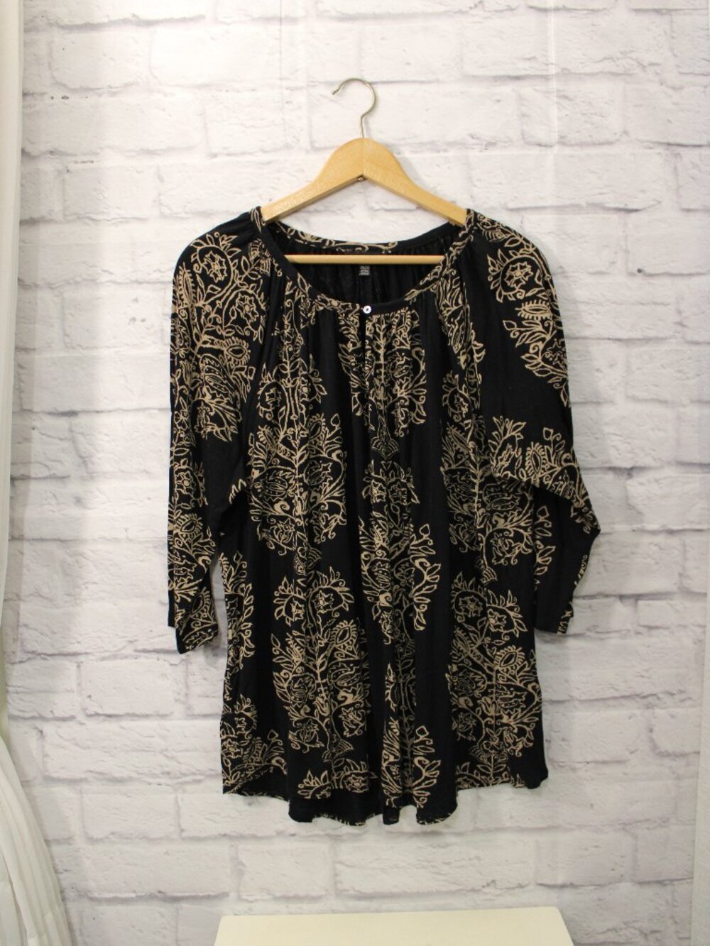 Lucky Brand Peasant Blouse Plus 2X Black Keyhole 3/4 Sleeve Boho Country Gypsy